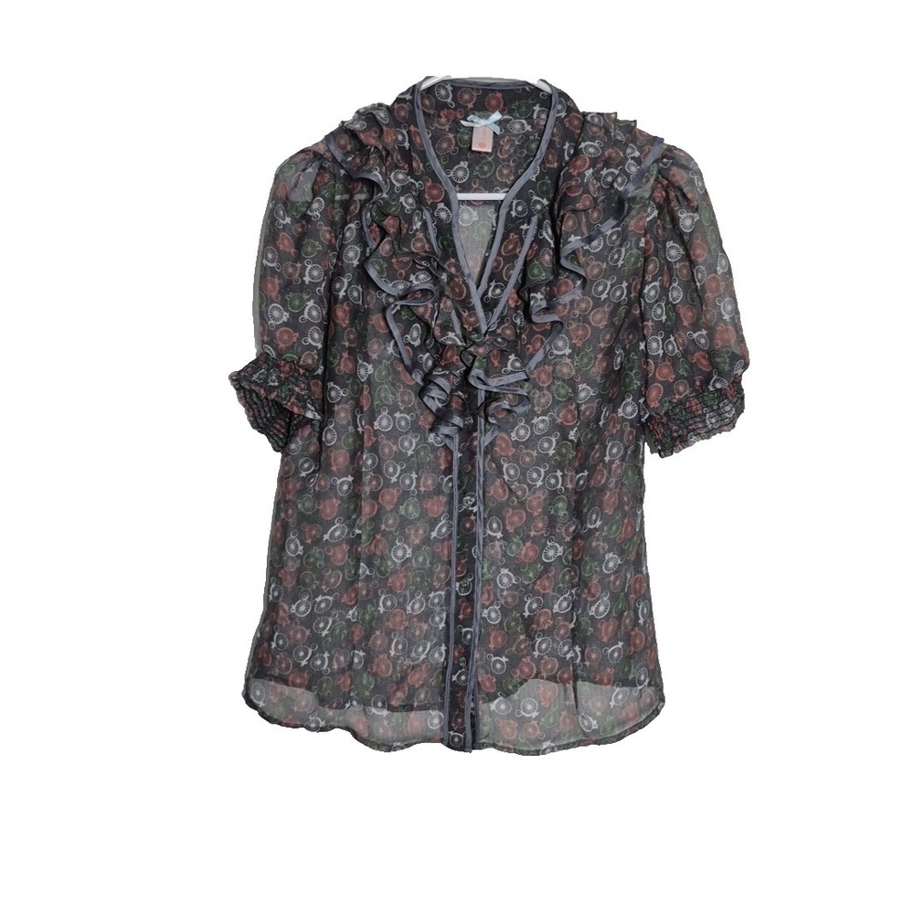 Down East Blouse Womens M Gray Bicycle Sheer Ruffled‎ V-Neck Short Sleeve NWOT